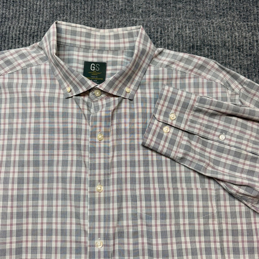 GS George Wrinkle Free Dress Shirt Mens 19 35/36 Gray Red Plaid Classic Fit